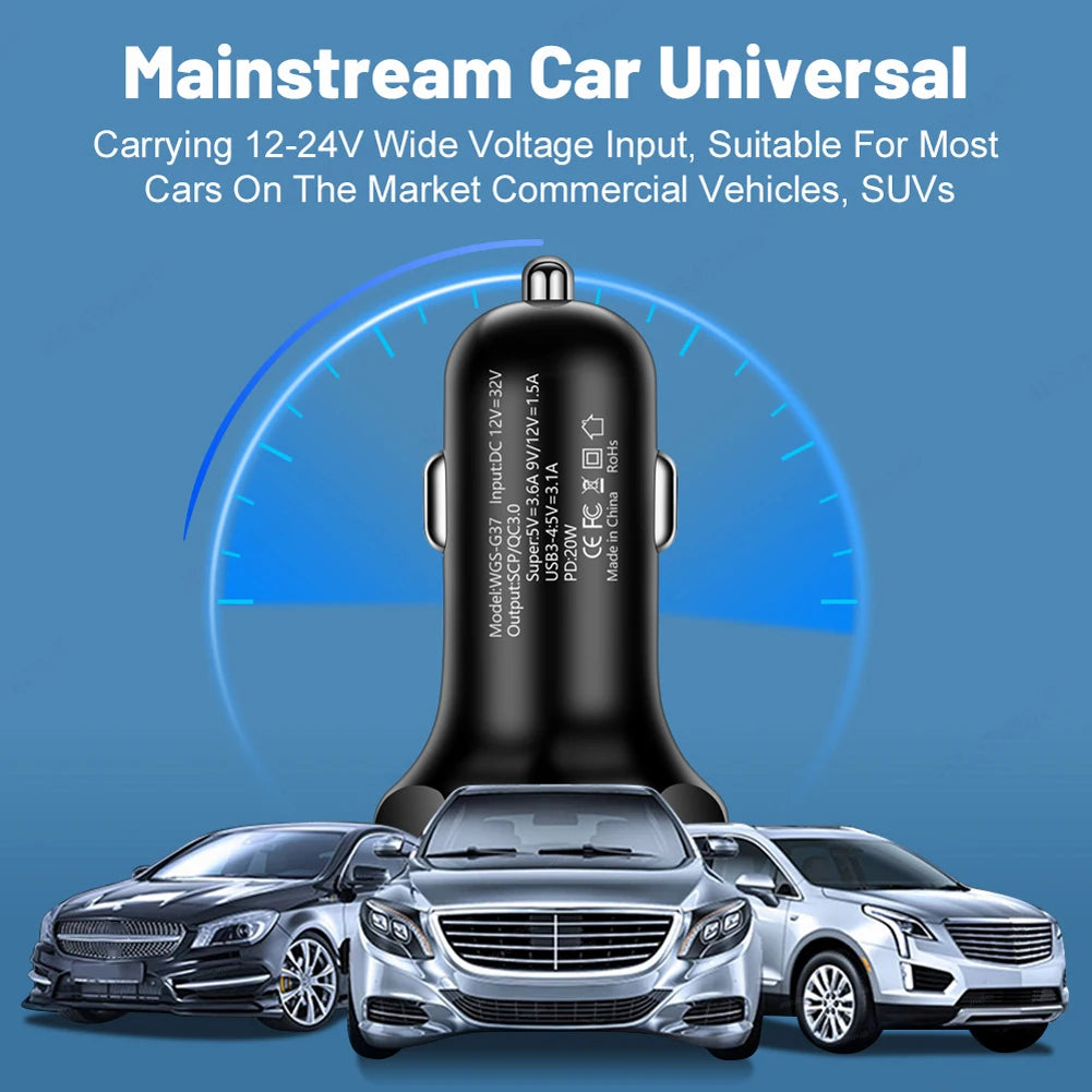250W Car Charger QC 3.0 PD USB Super Fast Charge 5-Port 4USB+1PD Car Cigarette Lighter Phone Charger Adapter For iPhone Huawei