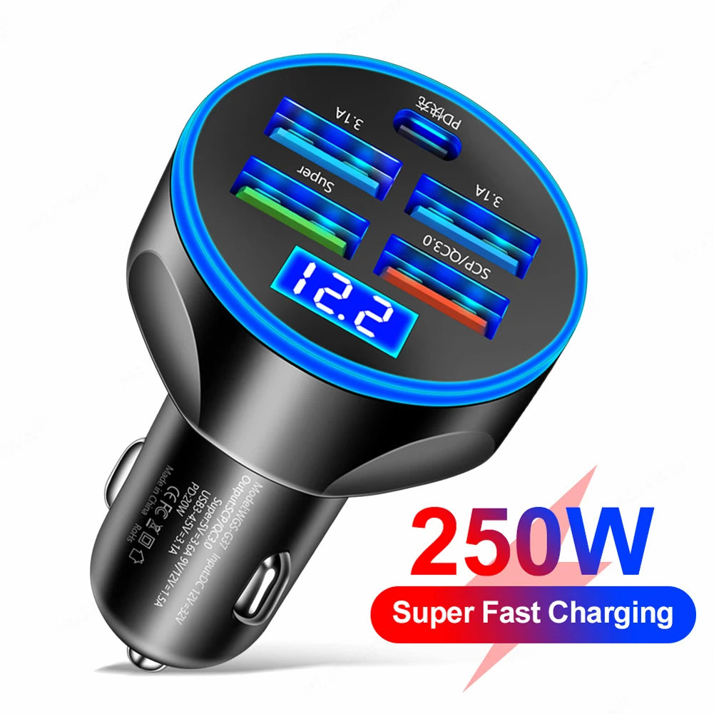 250W Car Charger QC 3.0 PD USB Super Fast Charge 5-Port 4USB+1PD Car Cigarette Lighter Phone Charger Adapter For iPhone Huawei