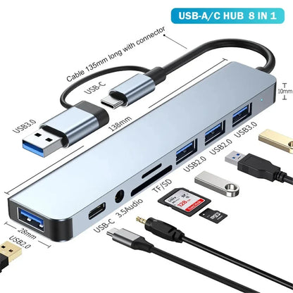8 In 2 USB A Type C Hub Concentrator Docking Station Multi Adapter Card Reader Audio Multi-hub Dock Splitter For Laptops Macbook