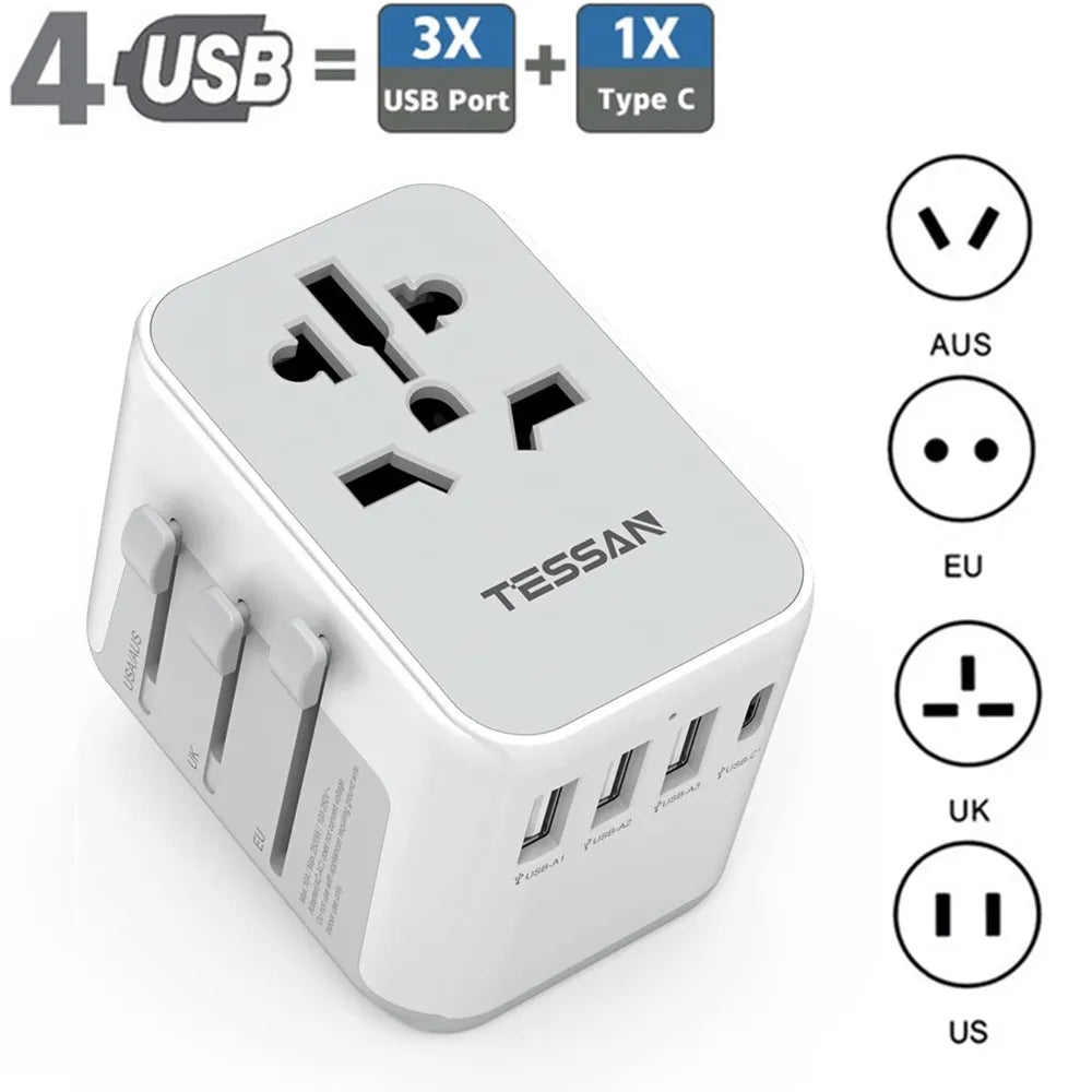 TESSAN Universal Travel Adapter with 3 USB, 1 USB C, International Socket adapter for Germany, USA, England, Australia