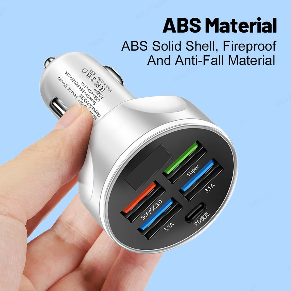 250W Car Charger QC 3.0 PD USB Super Fast Charge 5-Port 4USB+1PD Car Cigarette Lighter Phone Charger Adapter For iPhone Huawei