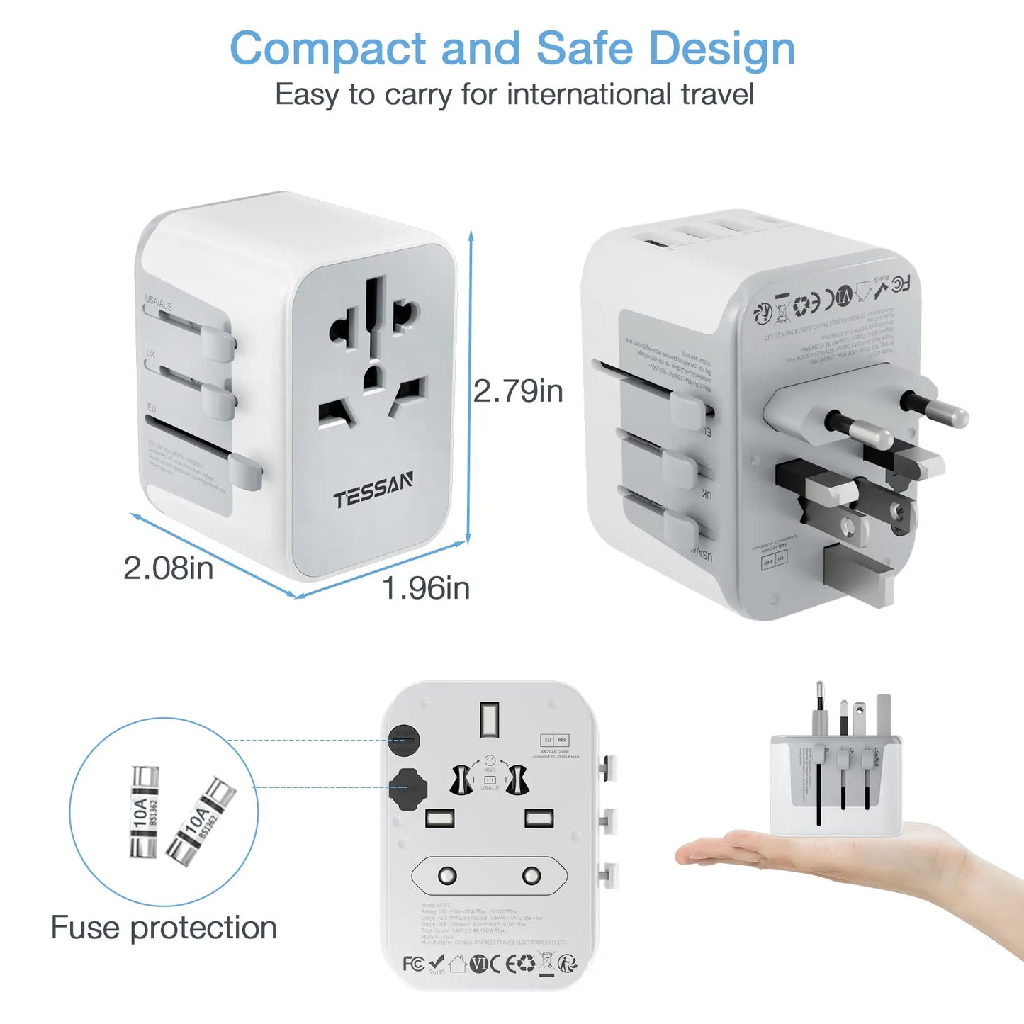 TESSAN Universal Travel Adapter with 3 USB, 1 USB C, International Socket adapter for Germany, USA, England, Australia