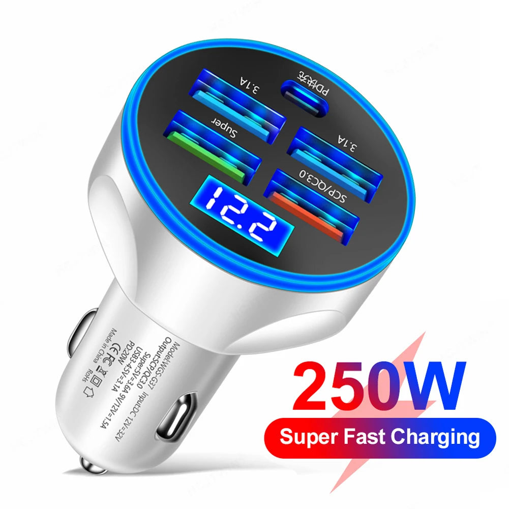 250W Car Charger QC 3.0 PD USB Super Fast Charge 5-Port 4USB+1PD Car Cigarette Lighter Phone Charger Adapter For iPhone Huawei