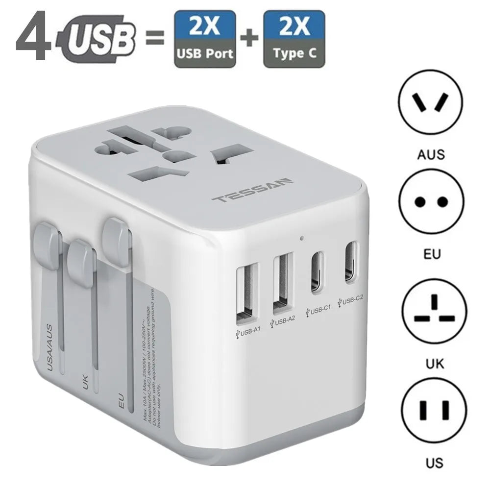 TESSAN Universal Travel Adapter with 3 USB, 1 USB C, International Socket adapter for Germany, USA, England, Australia